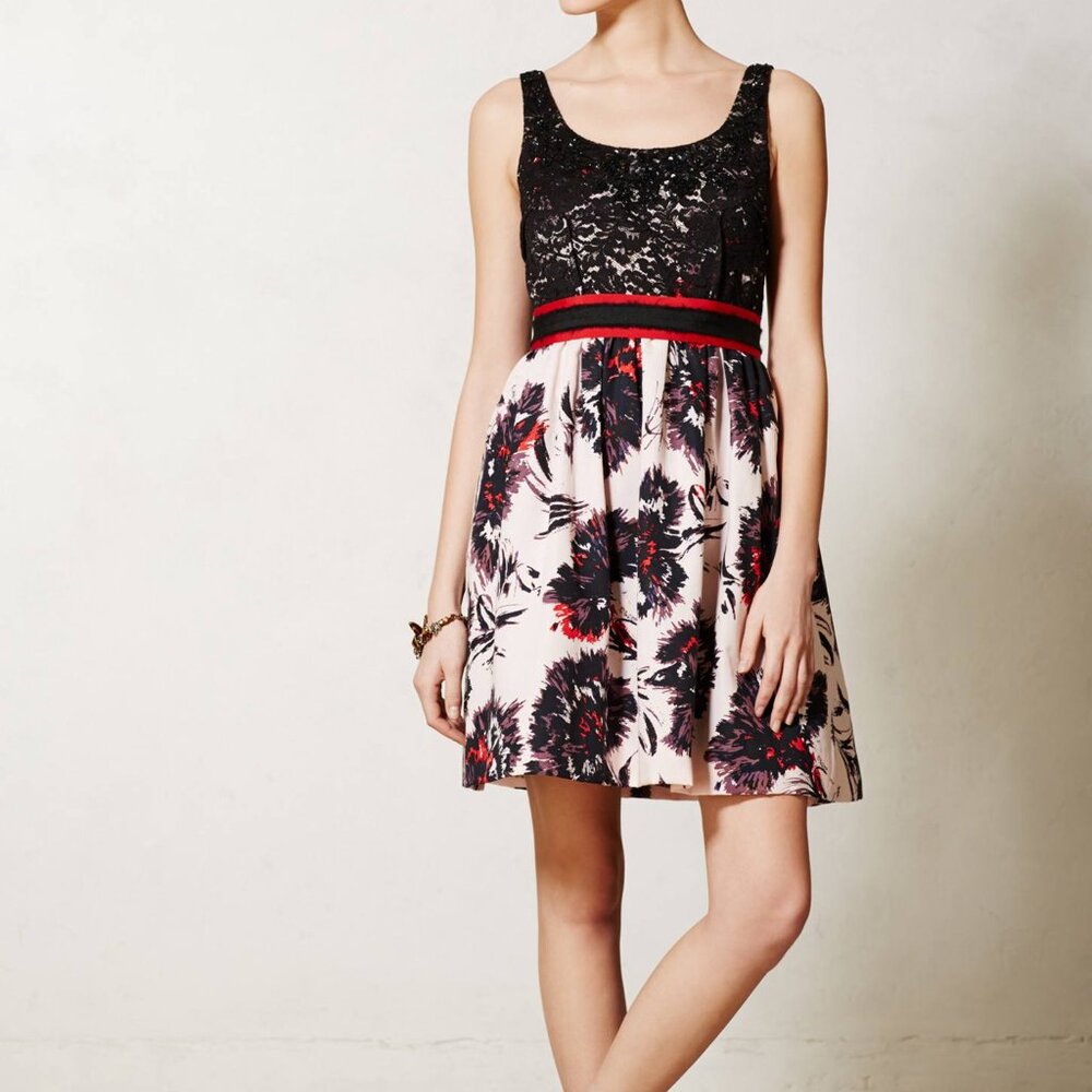 ANTHROPOLOGIE BRUSHSTROKE BLOSSOMS BLACK LACE DRESS by PETER SOM